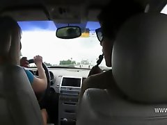 Horny babes gag dick in car