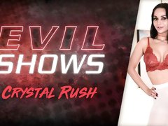 Gorgeous busty brunette Crystal Rush sucks her long pink dildo