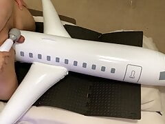 Fat Guy With A Small Penis Masturbating With A Vibrator And Cumming On An Inflatable Airplane