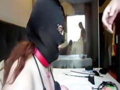Slave girl with a mask enjoys BDSM and rough maledom