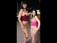 Two busty Asian babes indulge in hot lesbian fun outside